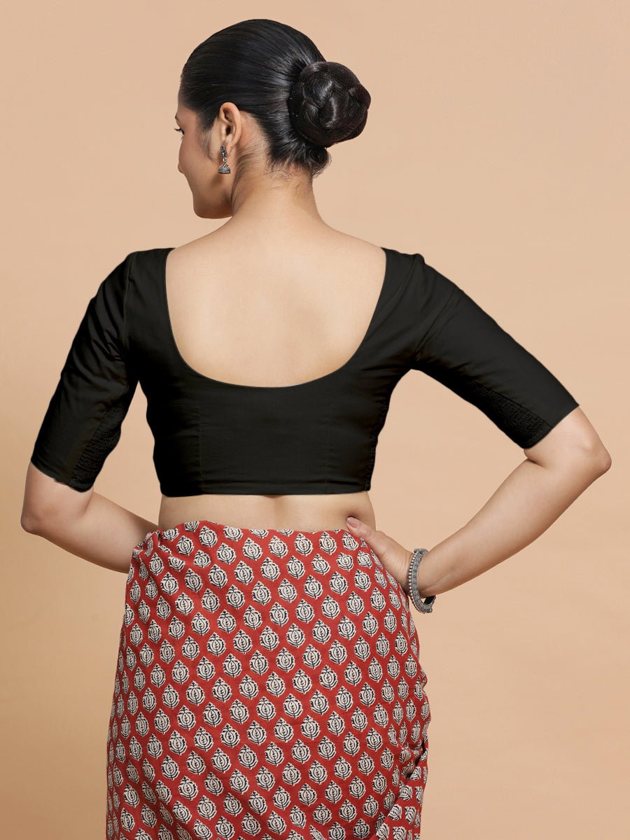 Pragya x Rozaana Saree Blouse, in Black Cotton, featuring elbow sleeves and v-neckline, made for daily & work (view 2).