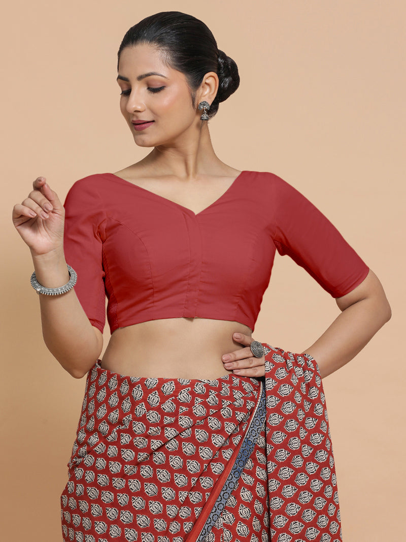 Pragya x Rozaana | Elbow Sleeves Saree Blouse in Carmine Red Plain Cotton-Binks