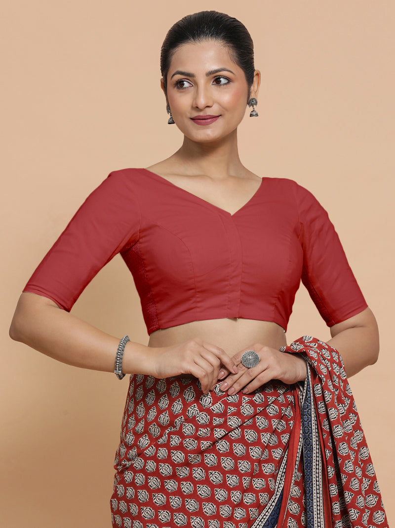 Pragya x Rozaana | Elbow Sleeves Saree Blouse in Carmine Red Plain Cotton-Binks