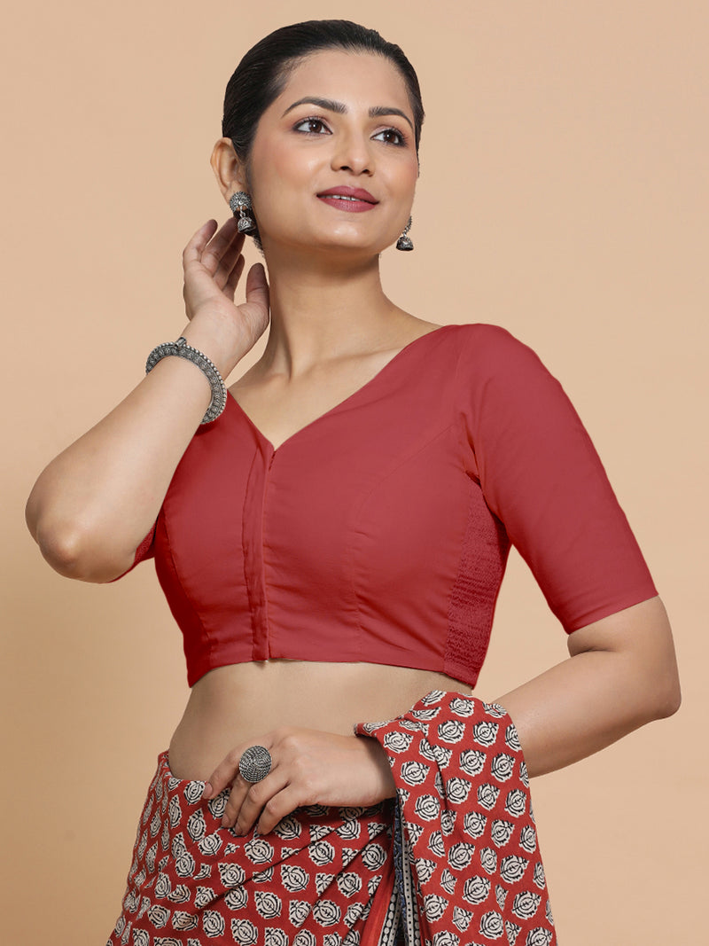Pragya x Rozaana | Elbow Sleeves Saree Blouse in Carmine Red Plain Cotton-Binks
