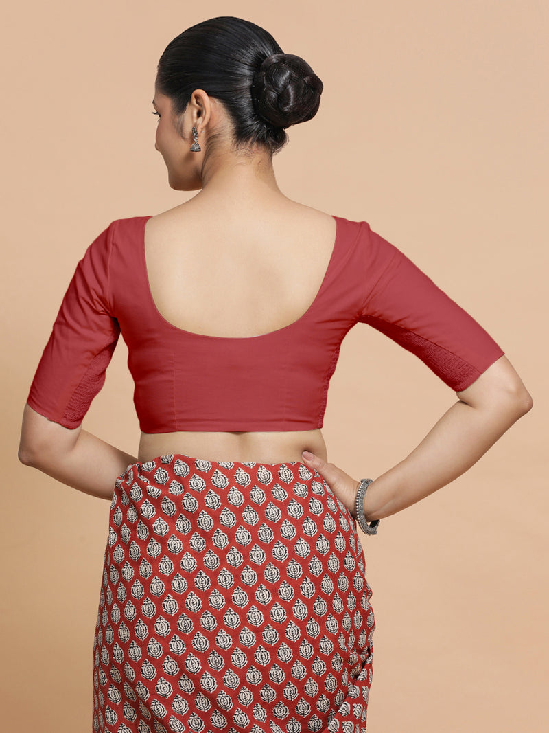 Pragya x Rozaana | Elbow Sleeves Saree Blouse in Carmine Red Plain Cotton-Binks