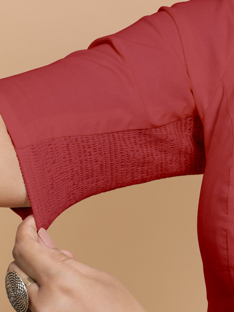 Pragya x Rozaana | Elbow Sleeves Saree Blouse in Carmine Red Plain Cotton-Binks