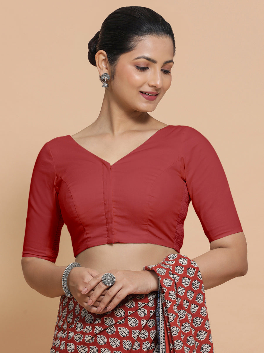 Pragya x Rozaana Saree Blouse, in Red 100% Cotton - Solid, featuring elbow sleeves and v-neckline, made for daily & work.