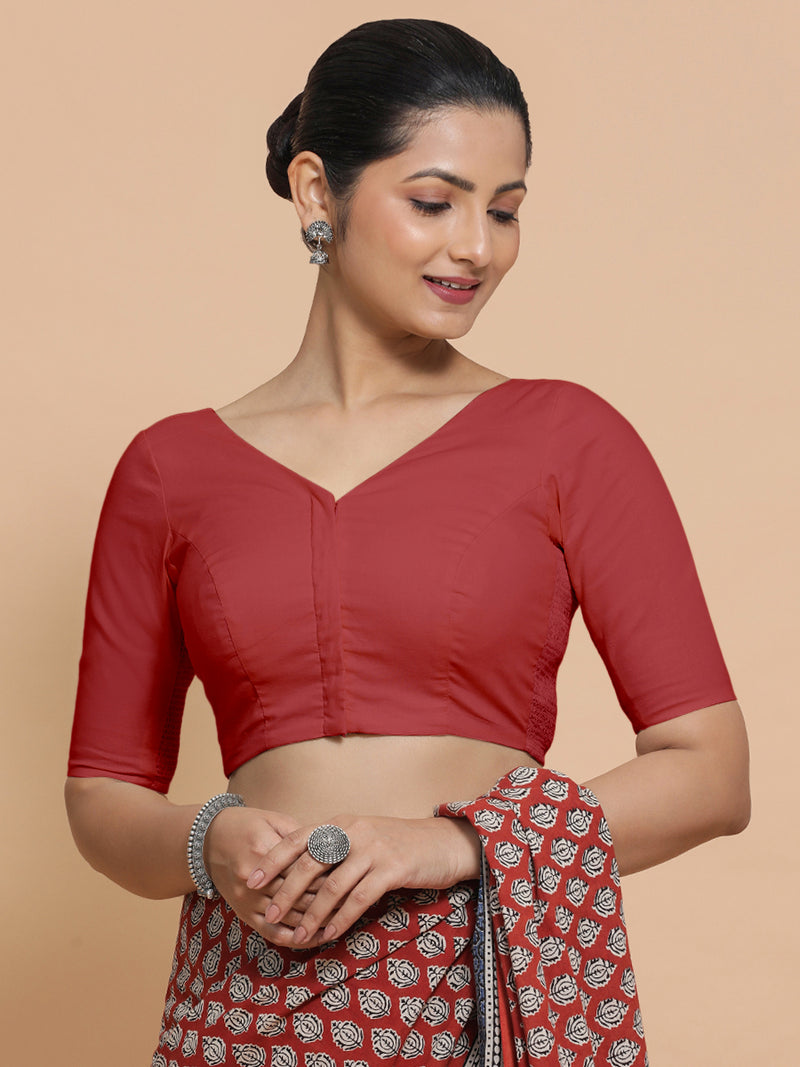 Pragya x Rozaana | Elbow Sleeves Saree Blouse in Carmine Red Plain Cotton-Binks