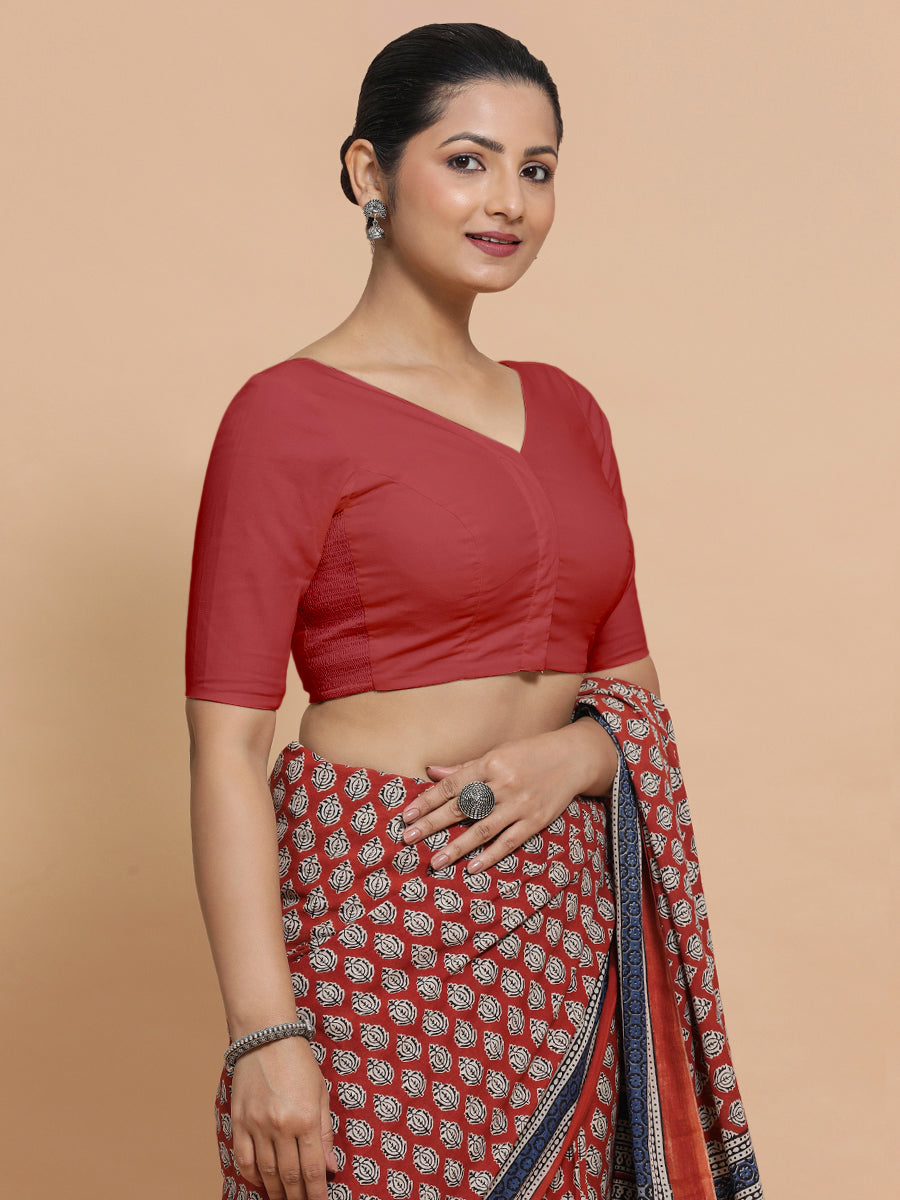 Pragya x Rozaana Saree Blouse, in Red 100% Cotton - Solid, featuring elbow sleeves and v-neckline, made for daily & work.