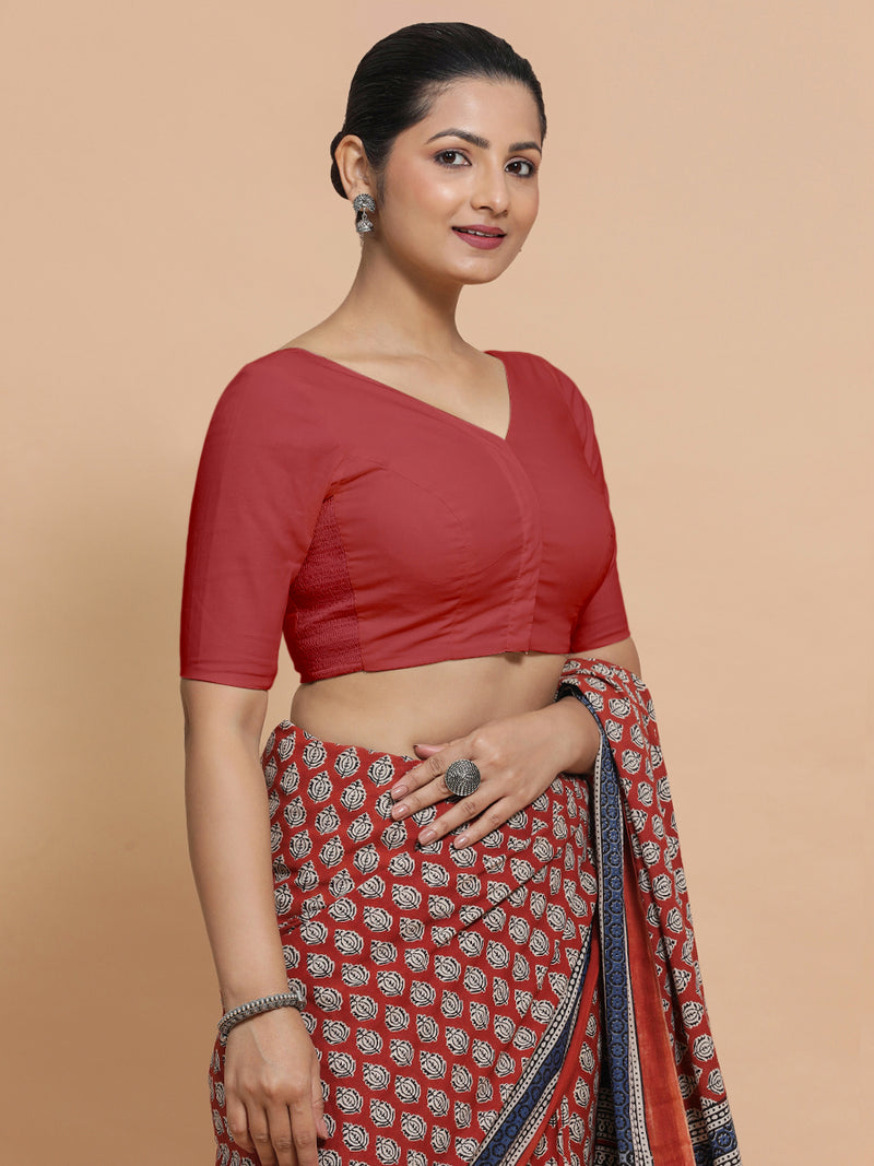 Pragya x Rozaana | Elbow Sleeves Saree Blouse in Carmine Red Plain Cotton-Binks