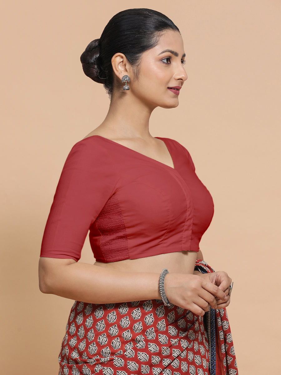 Pragya x Rozaana Saree Blouse, in Red 100% Cotton - Solid, featuring elbow sleeves and v-neckline, made for daily & work.