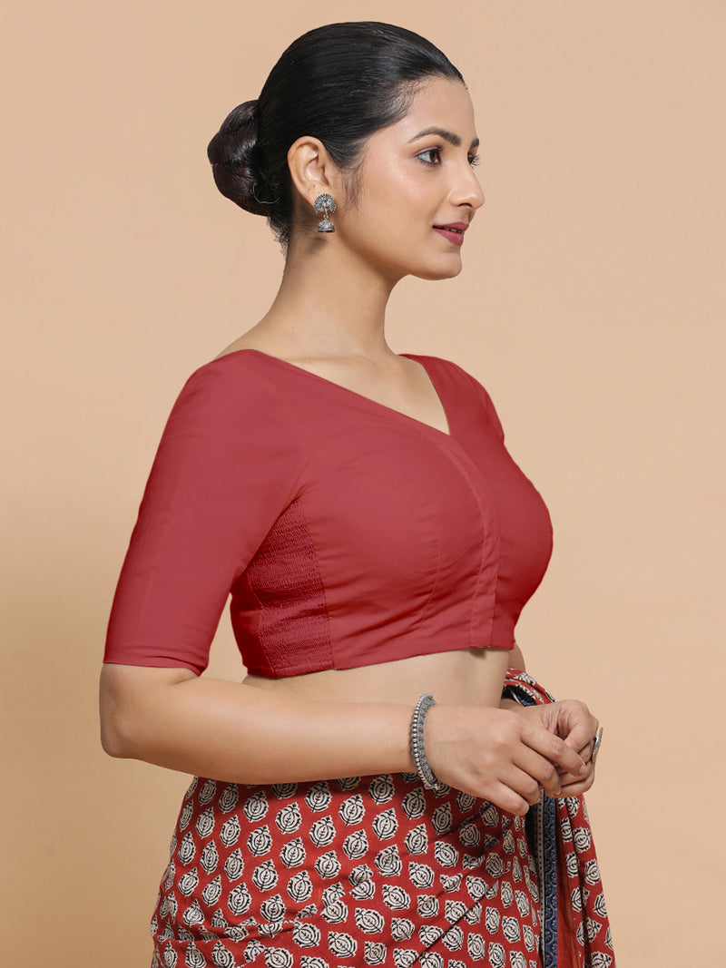 Pragya x Rozaana | Elbow Sleeves Saree Blouse in Carmine Red Plain Cotton-Binks