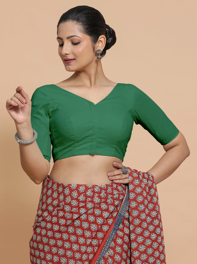 Pragya x Rozaana | Elbow Sleeves Saree Blouse in Castleton Green Plain Cotton-Binks