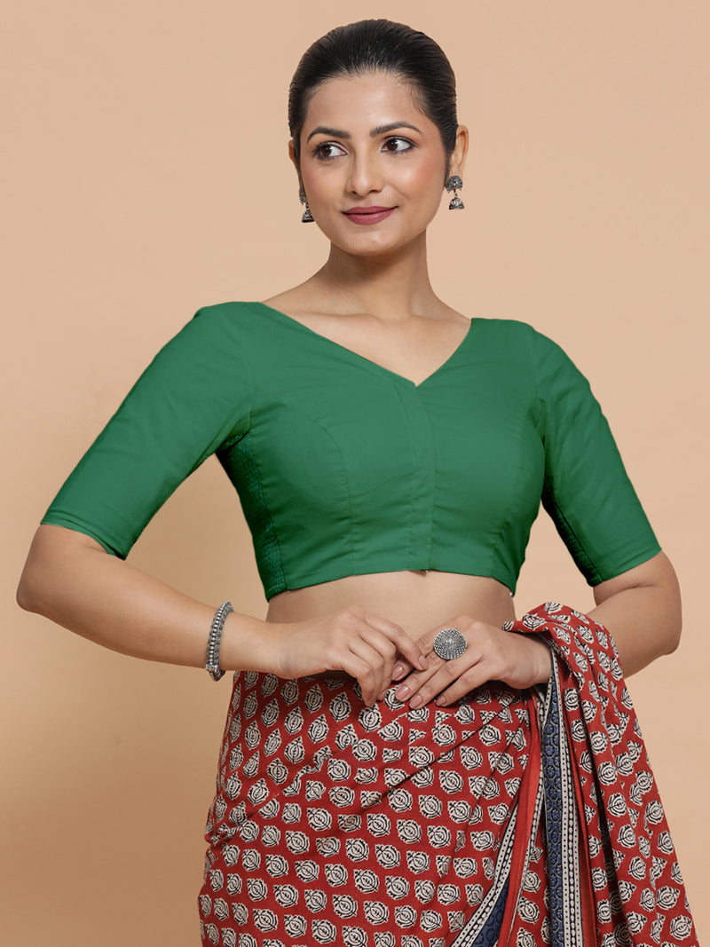 Pragya x Rozaana | Elbow Sleeves Saree Blouse in Castleton Green Plain Cotton-Binks