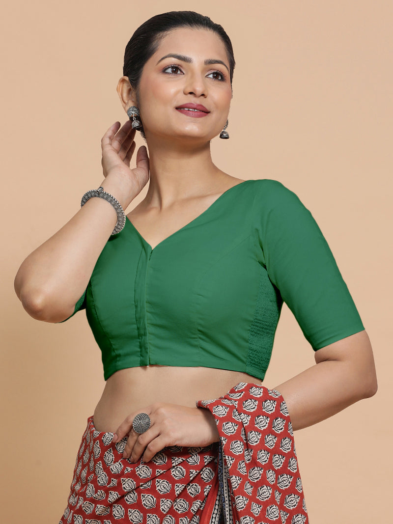 Pragya x Rozaana | Elbow Sleeves Saree Blouse in Castleton Green Plain Cotton-Binks