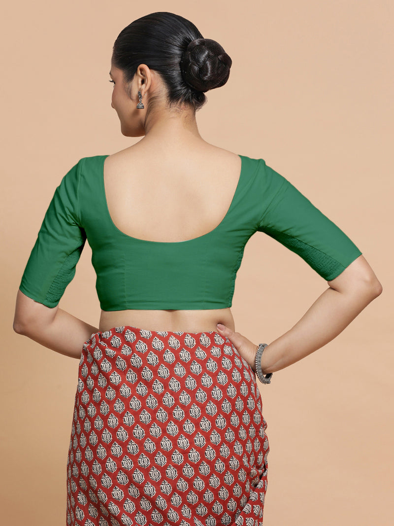 Pragya x Rozaana | Elbow Sleeves Saree Blouse in Castleton Green Plain Cotton-Binks