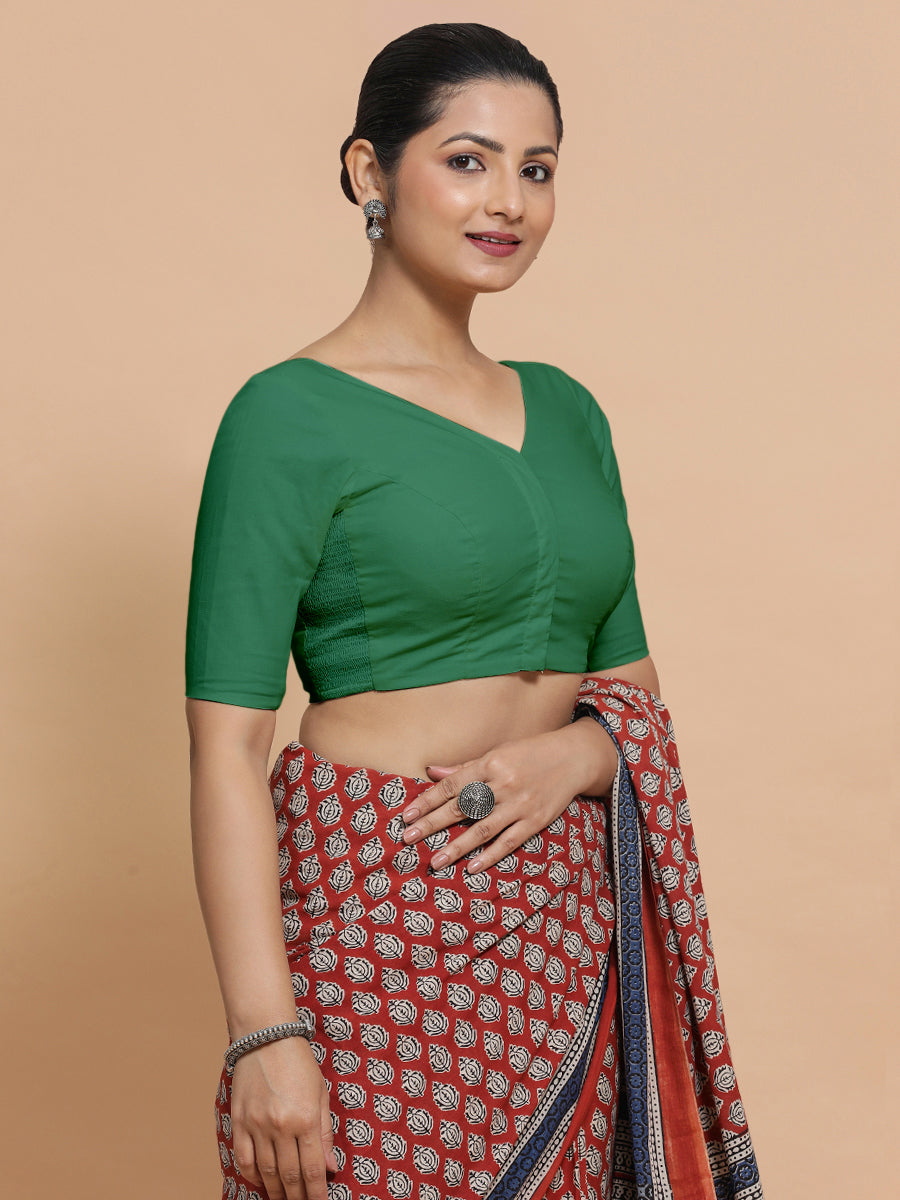 Pragya x Rozaana Saree Blouse, in Green 100% Cotton - Solid, featuring elbow sleeves and v-neckline, made for daily & work.
