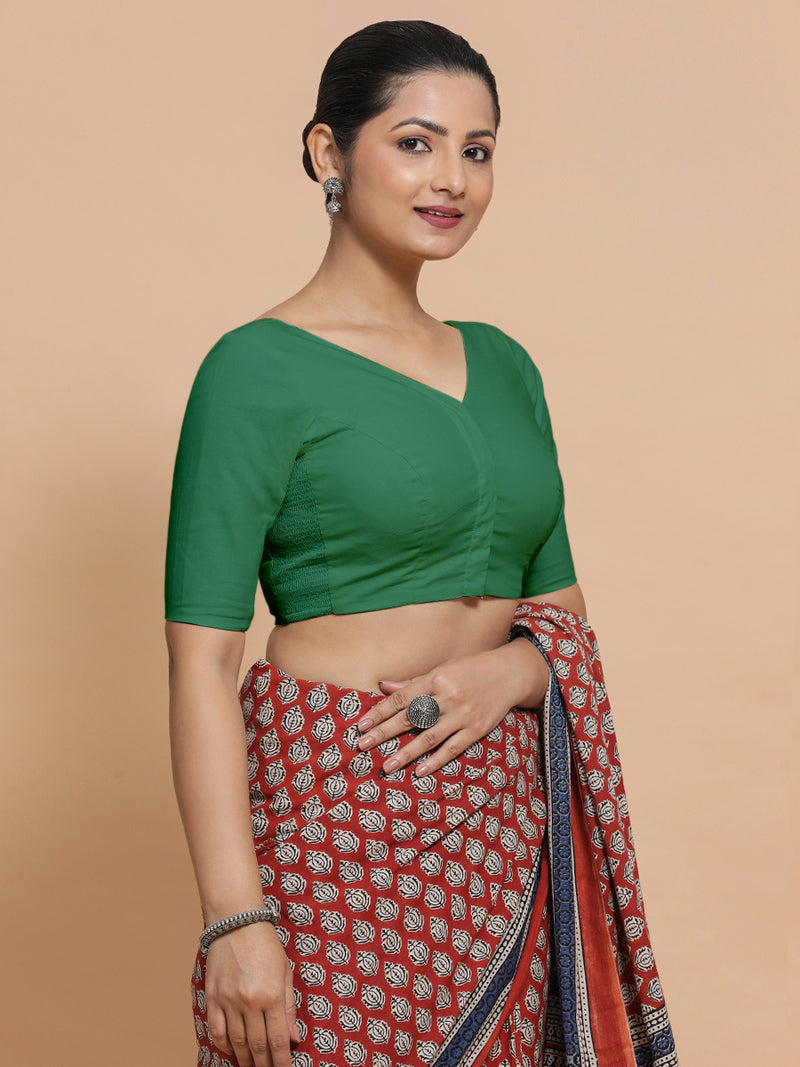 Pragya x Rozaana | Elbow Sleeves Saree Blouse in Castleton Green Plain Cotton-Binks