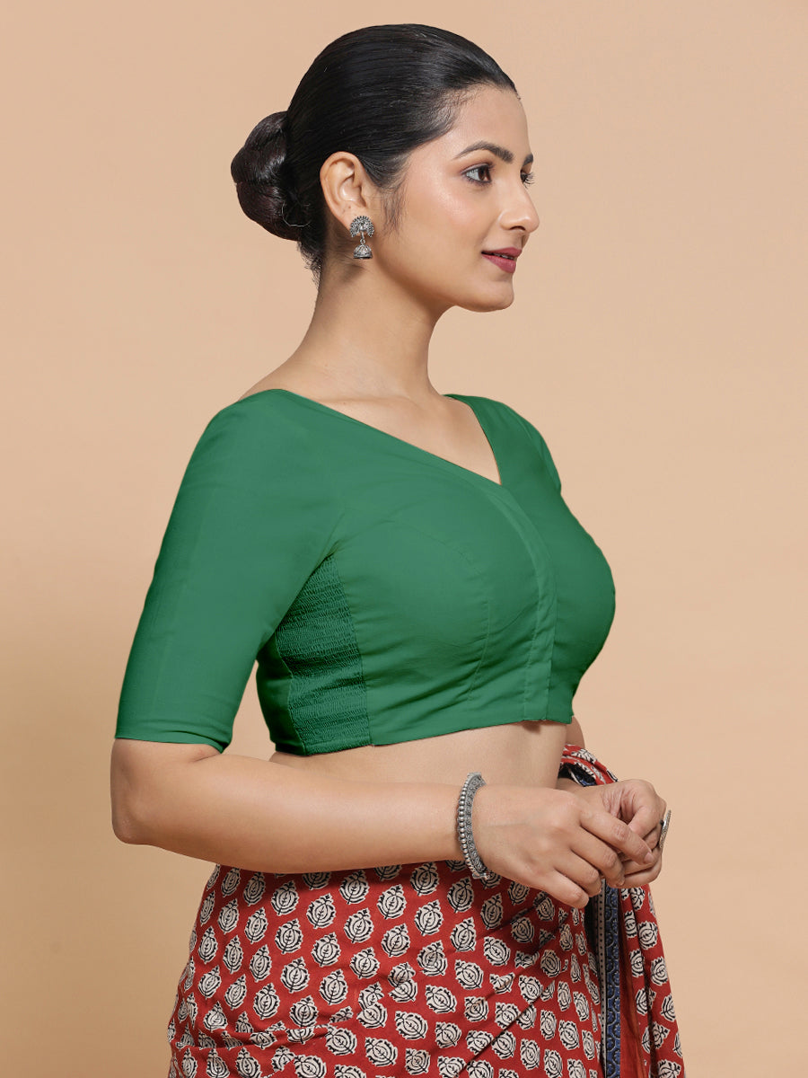 Pragya x Rozaana Saree Blouse, in Green 100% Cotton - Solid, featuring elbow sleeves and v-neckline, made for daily & work.