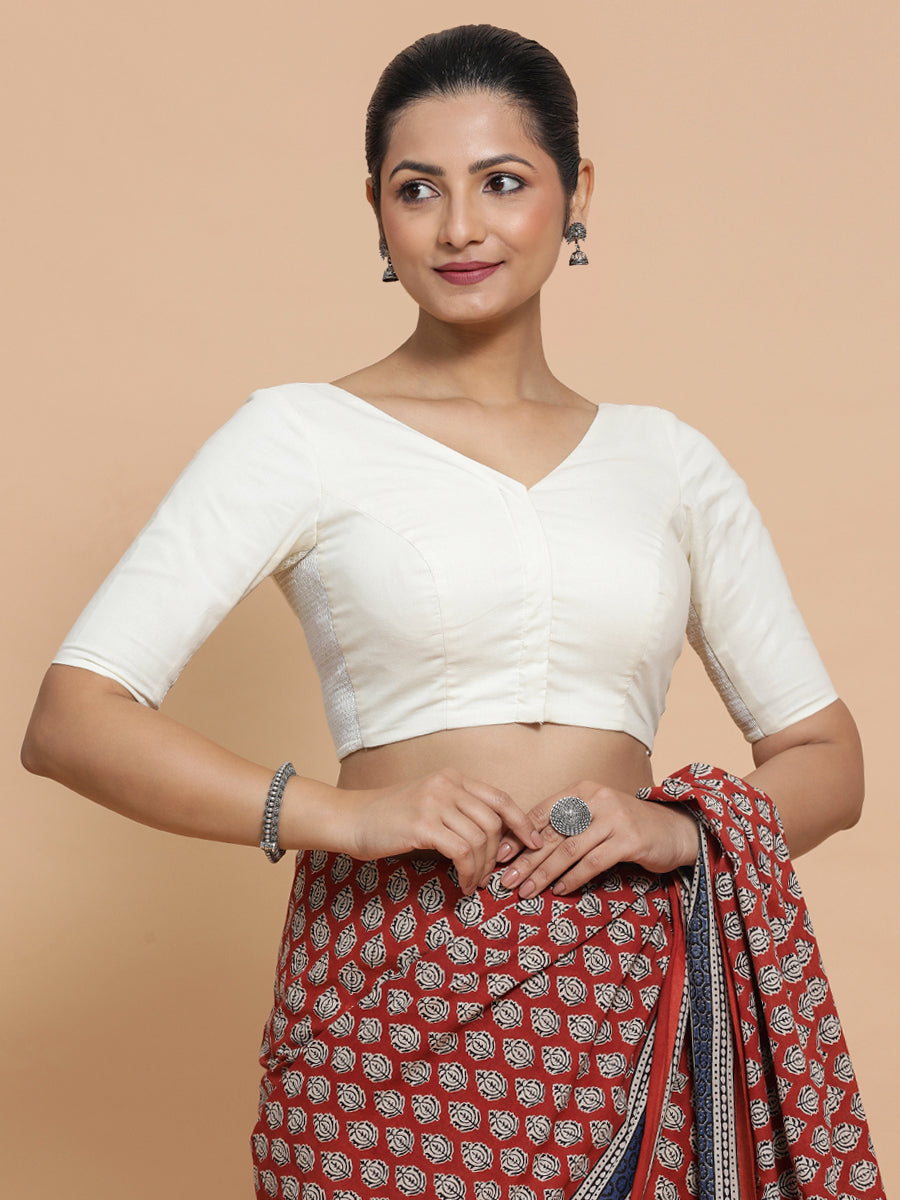 Pragya x Rozaana Saree Blouse, in White Cotton, featuring elbow sleeves and v-neckline, made for daily & work.
