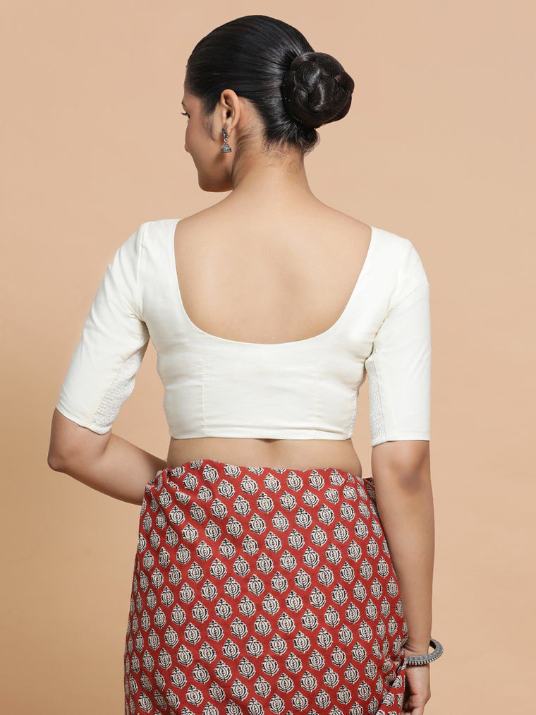 Pragya x Rozaana Saree Blouse, in White Cotton, featuring elbow sleeves and v-neckline, made for daily & work (view 2).