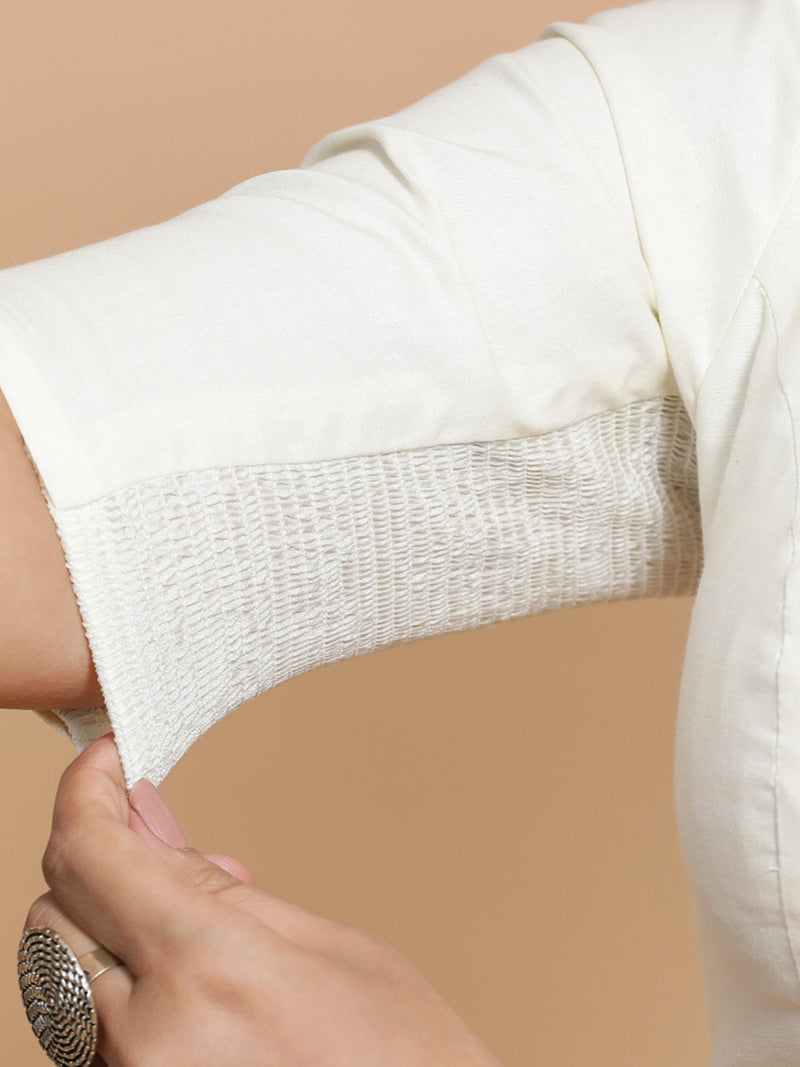 Pragya x Rozaana | V-Neck Ivory Mist Plain Cotton Saree Blouse-Binks