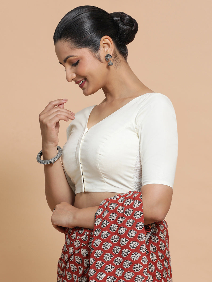Pragya x Rozaana Saree Blouse, in White Cotton, featuring elbow sleeves and v-neckline, made for daily & work (view 6).
