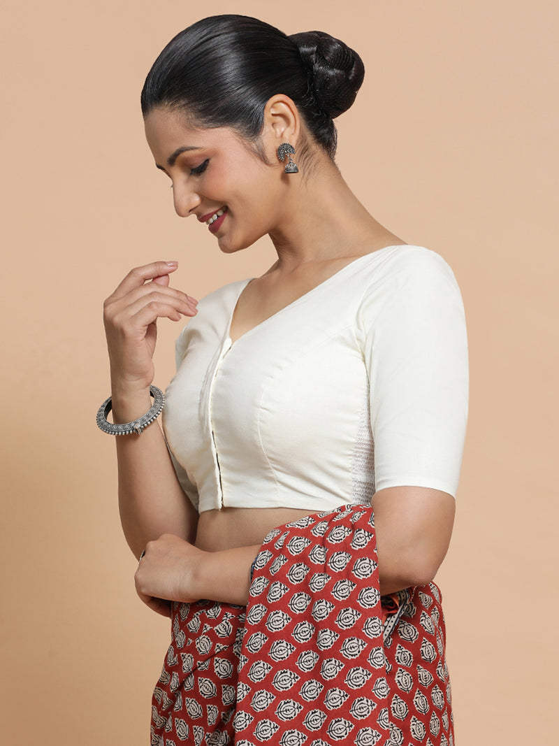 Pragya x Rozaana | V-Neck Ivory Mist Plain Cotton Saree Blouse-Binks