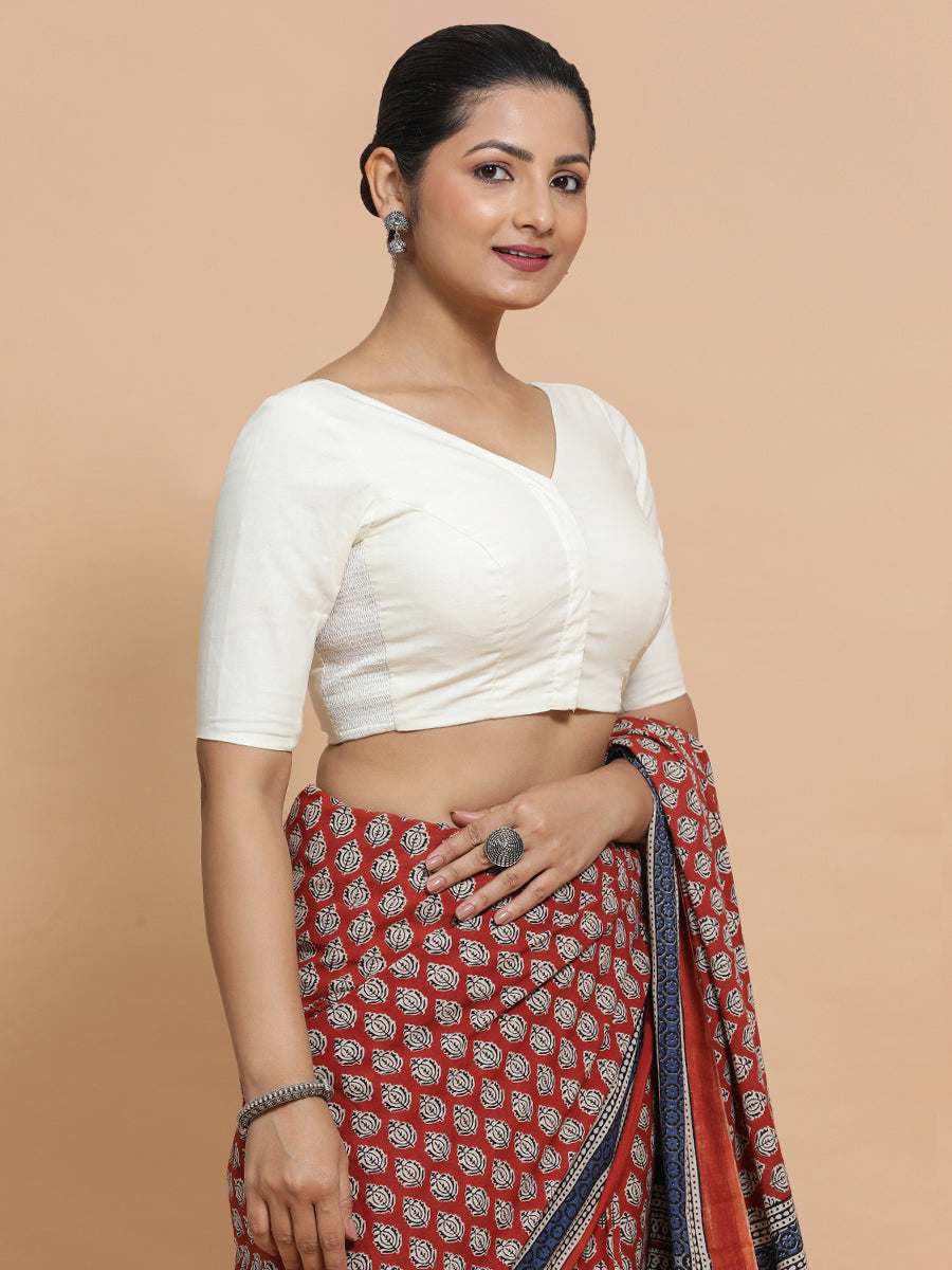 Pragya x Rozaana Saree Blouse, in White Cotton, featuring elbow sleeves and v-neckline, made for daily & work (view 7).
