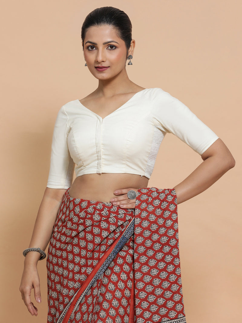 Pragya x Rozaana | V-Neck Ivory Mist Plain Cotton Saree Blouse-Binks