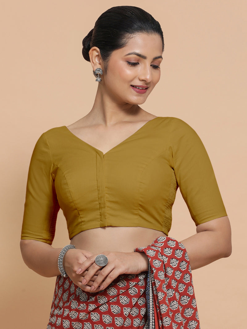 Pragya x Rozaana | V-Neck Khaki Plain Cotton Saree Blouse-Binks