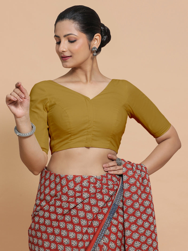 Pragya x Rozaana | V-Neck Khaki Plain Cotton Saree Blouse-Binks