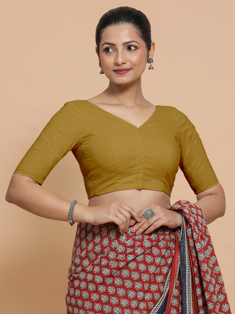 Pragya x Rozaana | V-Neck Khaki Plain Cotton Saree Blouse-Binks
