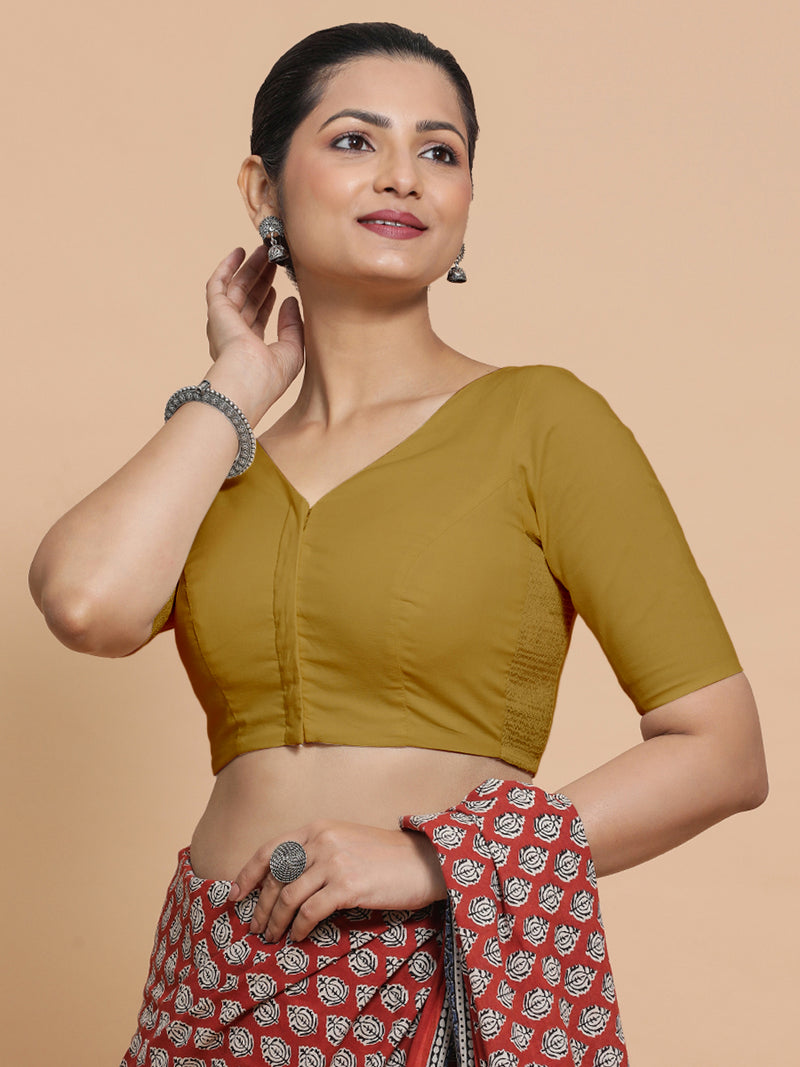 Pragya x Rozaana | V-Neck Khaki Plain Cotton Saree Blouse-Binks