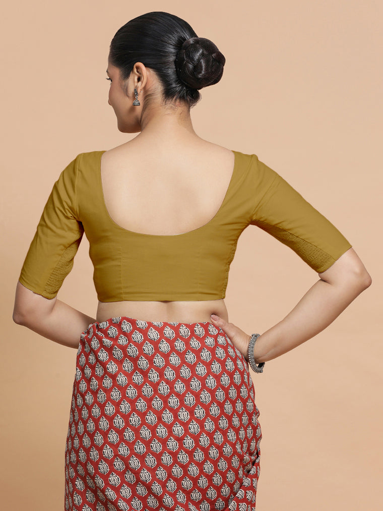 Pragya x Rozaana Saree Blouse, in Yellow Cotton, featuring elbow sleeves and v-neckline, made for daily & work (view 2).