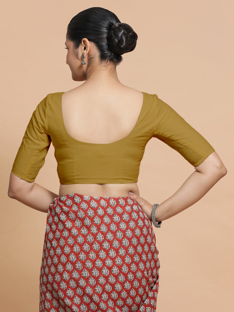 Pragya x Rozaana | V-Neck Khaki Plain Cotton Saree Blouse-Binks