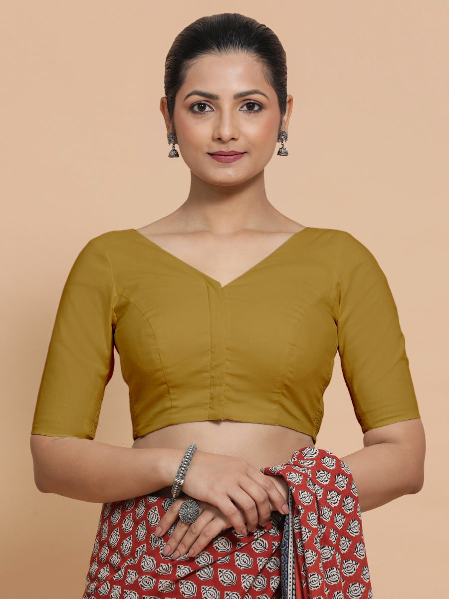 Pragya x Rozaana Saree Blouse, in Yellow Cotton, featuring elbow sleeves and v-neckline, made for daily & work (view 6).