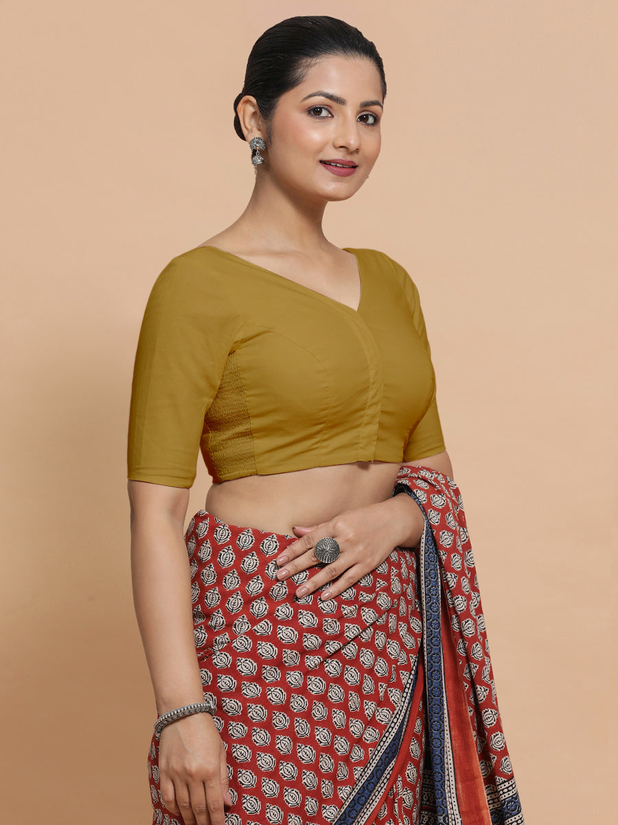 Pragya x Rozaana Saree Blouse, in Yellow Cotton, featuring elbow sleeves and v-neckline, made for daily & work (view 7).