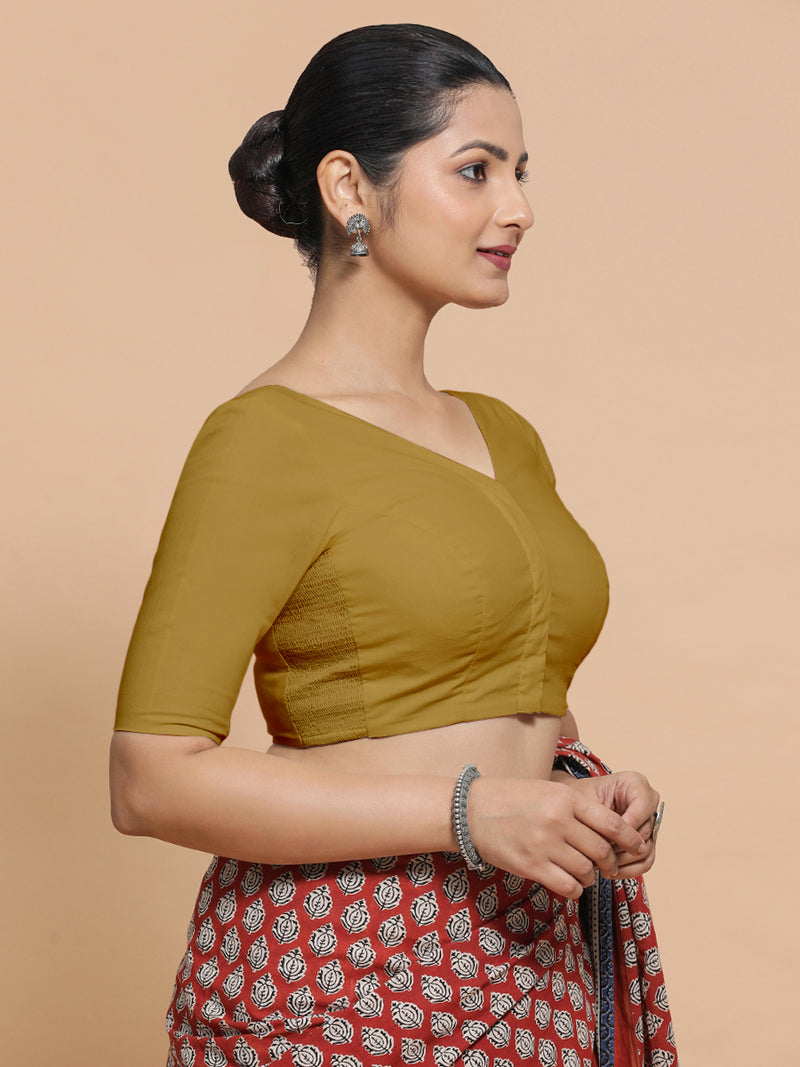 Pragya x Rozaana | V-Neck Khaki Plain Cotton Saree Blouse-Binks
