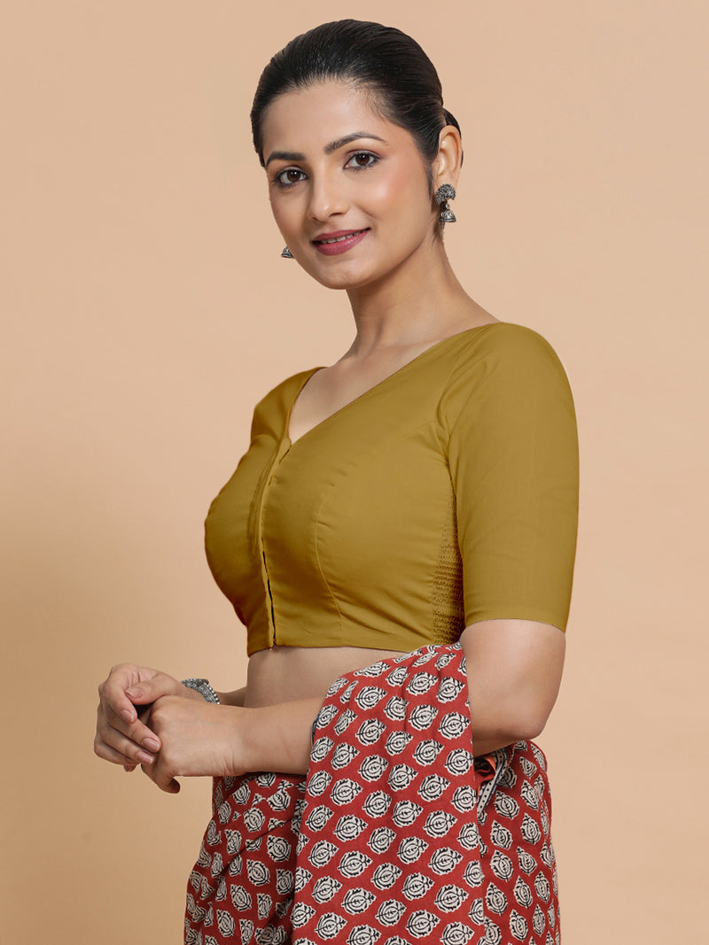 Pragya x Rozaana | V-Neck Khaki Plain Cotton Saree Blouse-Binks