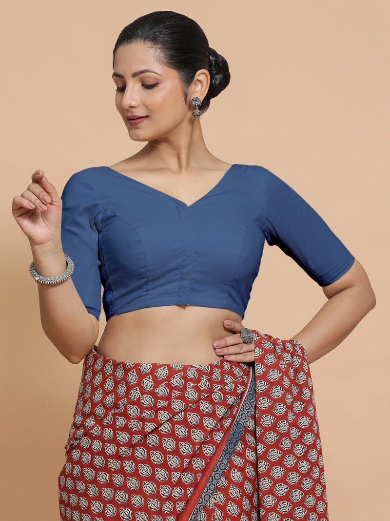 Pragya x Rozaana | Elbow Sleeves Saree Blouse in Lapis Blue Plain Cotton-Binks