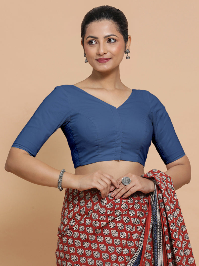 Pragya x Rozaana | Elbow Sleeves Saree Blouse in Lapis Blue Plain Cotton-Binks