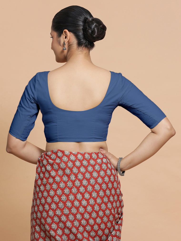 Pragya x Rozaana Saree Blouse, in Blue 100% Cotton - Solid, featuring elbow sleeves and v-neckline, made for daily & work.