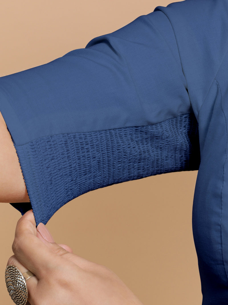 Pragya x Rozaana | Elbow Sleeves Saree Blouse in Lapis Blue Plain Cotton-Binks