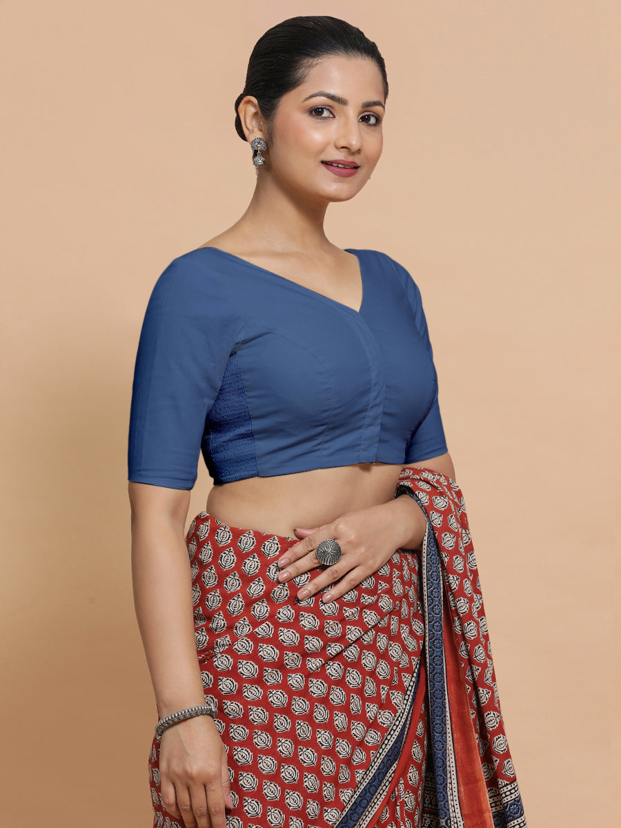 Pragya x Rozaana Saree Blouse, in Blue 100% Cotton - Solid, featuring elbow sleeves and v-neckline, made for daily & work.