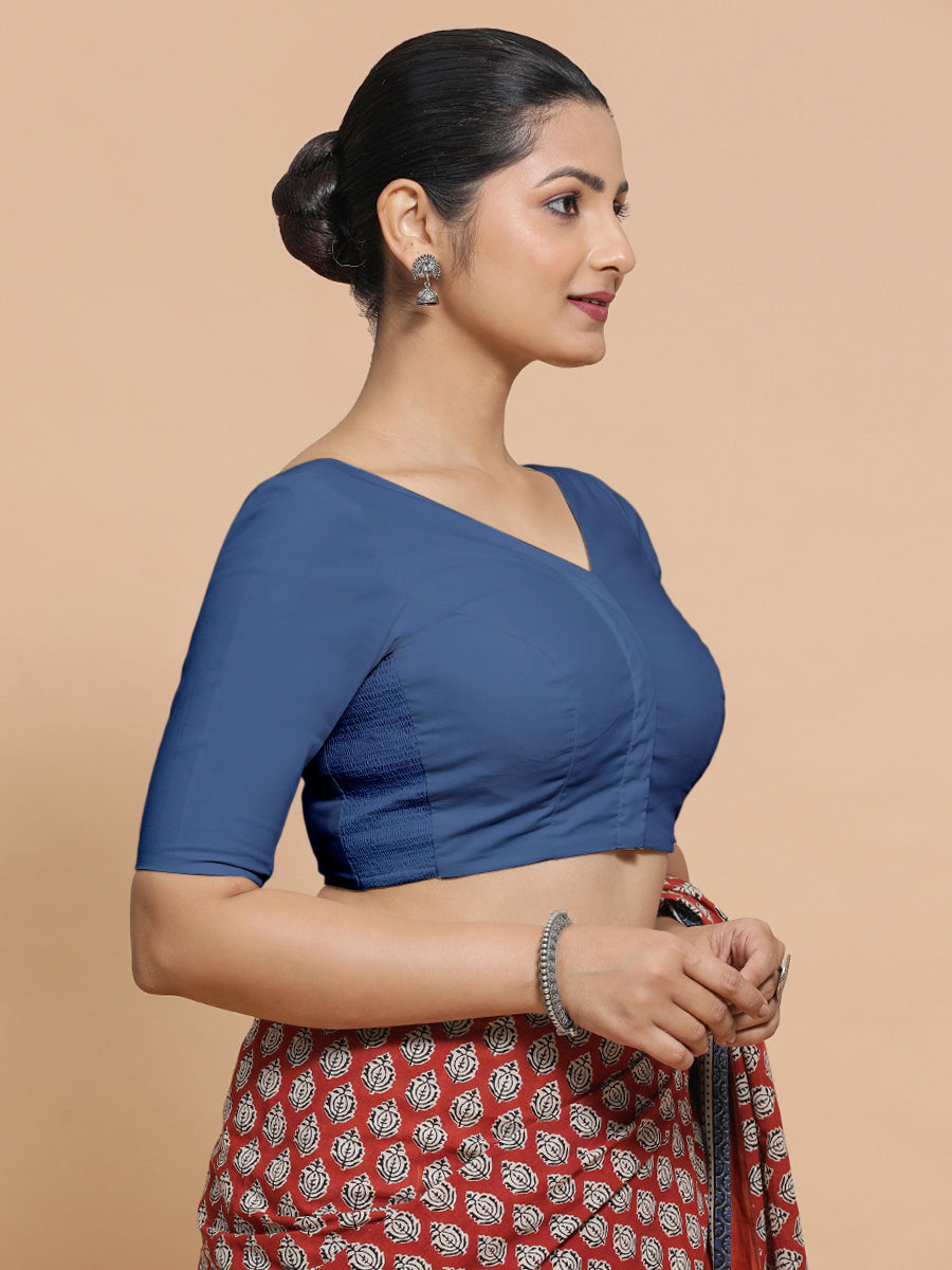 Pragya x Rozaana Saree Blouse, in Blue 100% Cotton - Solid, featuring elbow sleeves and v-neckline, made for daily & work.