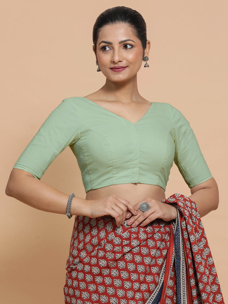 Pragya x Rozaana | V-Neck Light Sage Plain Cotton Saree Blouse-Binks