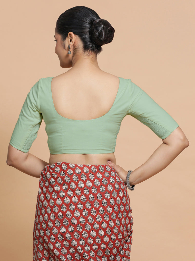 Pragya x Rozaana Saree Blouse, in Green Cotton, featuring elbow sleeves and v-neckline, made for daily & work (view 2).