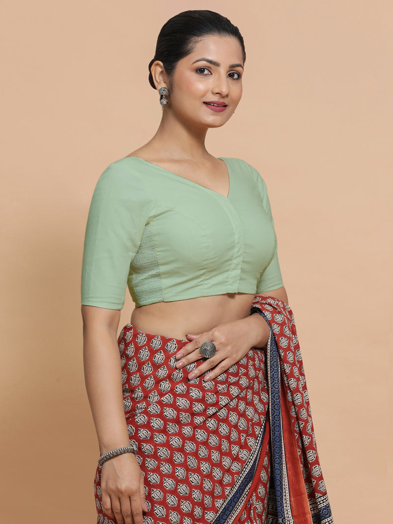 Pragya x Rozaana | V-Neck Light Sage Plain Cotton Saree Blouse-Binks