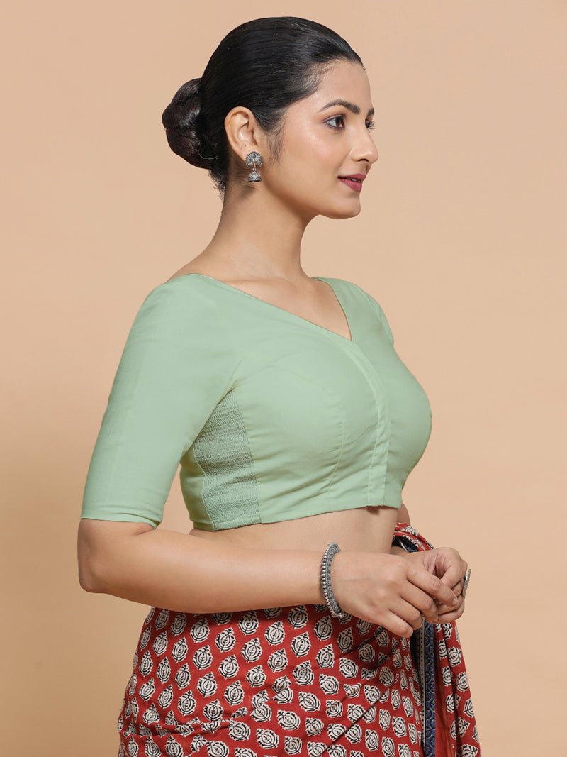 Pragya x Rozaana | V-Neck Light Sage Plain Cotton Saree Blouse-Binks