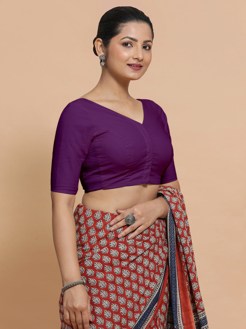 Pragya x Rozaana | V-Neck Magenta Bliss Plain Cotton Saree Blouse-Binks