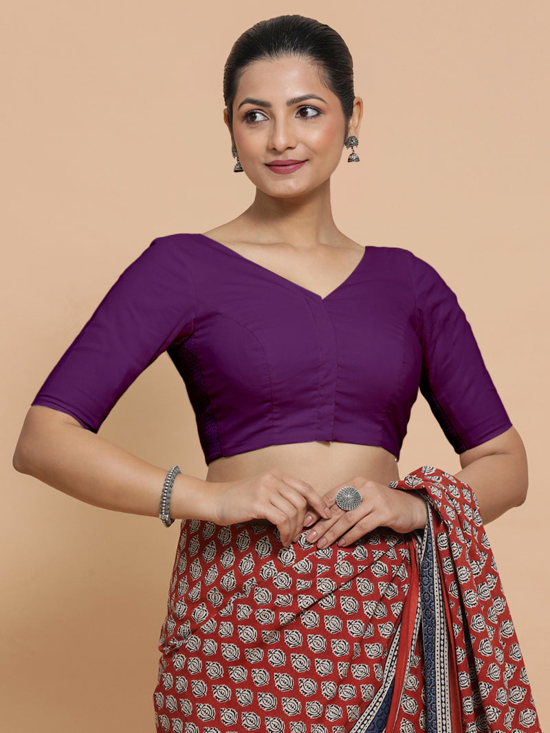 Pragya x Rozaana | V-Neck Magenta Bliss Plain Cotton Saree Blouse-Binks