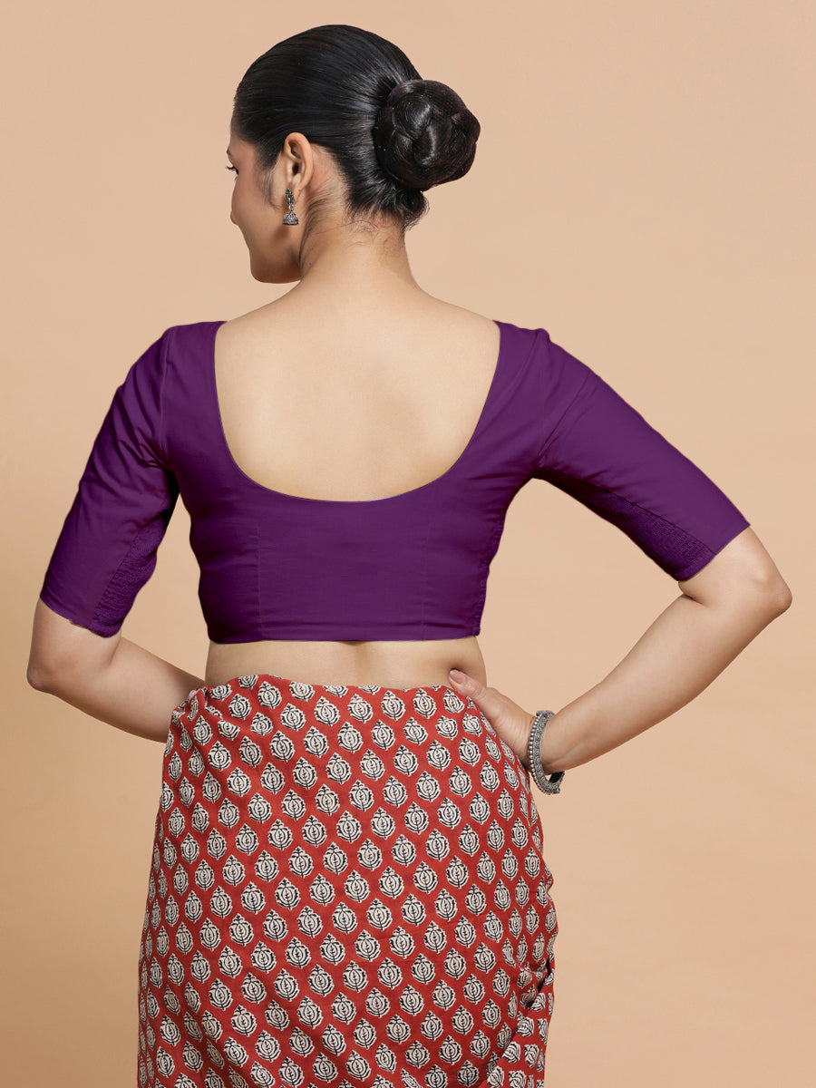 Pragya x Rozaana Saree Blouse, in Purple Cotton, featuring elbow sleeves and v-neckline, made for daily & work (view 2).