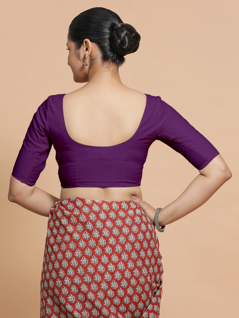 Pragya x Rozaana Saree Blouse, in Purple Cotton, featuring elbow sleeves and v-neckline, made for daily & work (view 2).
